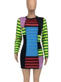 Polychrome Stripes O-Neck Sexy Mini Dress