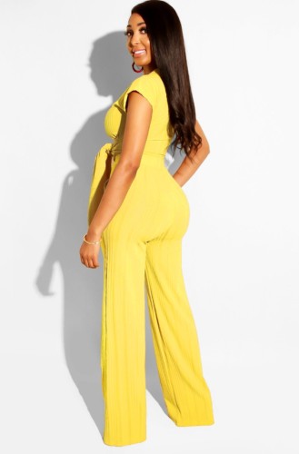 Yellow Ribbed Knotted Short Sleeve Crop Top and Pants Two Piece Set