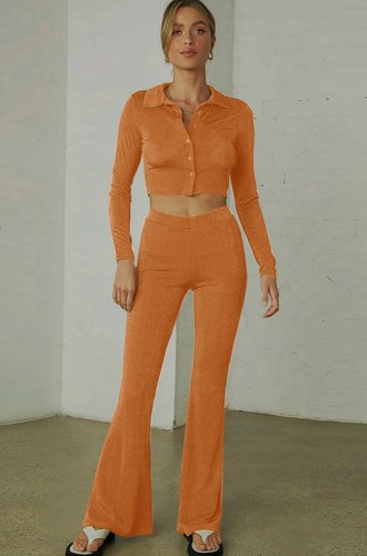 Orange Button Open Long Sleeve Crop Top and Pants Two Piece Set