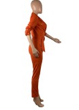 Button Up Orange Long Sleeve Turndown Collar Office Jumpsuit with Belt