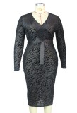 Plus Size Print Black Leopard See Through Wrap Long Slinky Dress