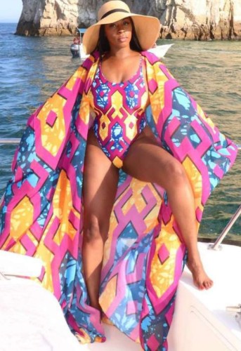 Africa Print One-Piece Slim Fit Swimwear with Matching Long Sleeve Maxi Cover-Ups