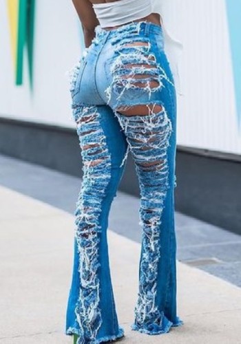 High Waist Blue Ripped Distressed Flare Jeans