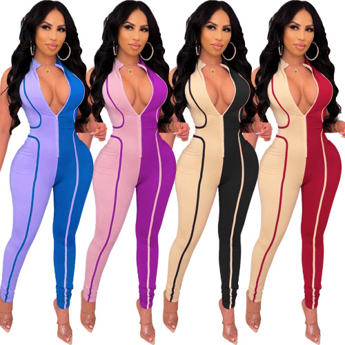 Colorblock Blue Sports Tight Jumpsuit