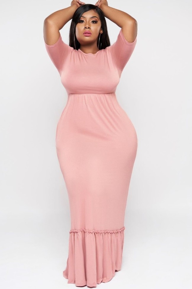 Plus Size Pink High Waist O-Neck Short Sleeve Maxi Dress