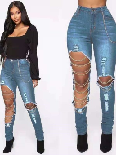 Light Blue Cut Out Chains High Waist Bodycon Jeans