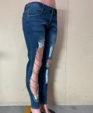 Dark Blue Cut Out Chains High Waist Bodycon Jeans