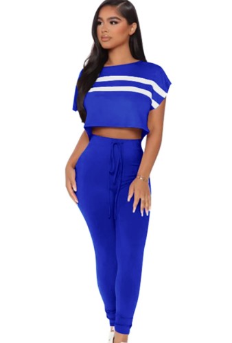 Blue Stripe Cap Sleeve Crop Top and Drawstring Pants Two Piece Set