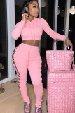 Pink Lace Up Hoody Crop Top and Sexy Pant Two Piece Set
