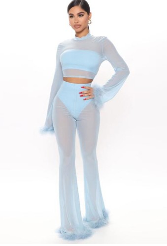 Blue Sexy See Through Mesh Long Sleeve Crop Top and Pants Two Piece Set
