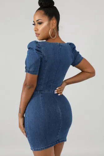 Blue Square Neck Bubble Sleeve Tight Short Denim Dress