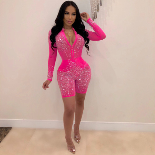 Rhinestone Pink Mesh Zip Up Long Sleeve Bodycon Rompers(without Panty)