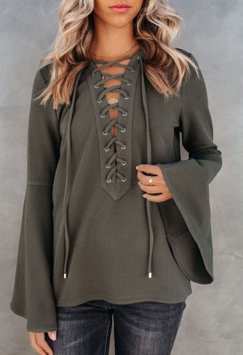 Light Black Wide Sleeve Lace-Up Top