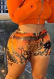 Print Orange Zipper Crop Top and Shorts Two Piece Set