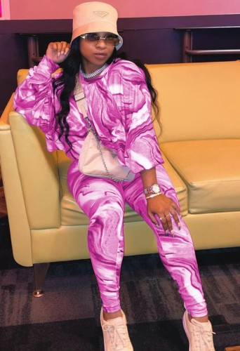 Print Loose Long Sleeve Shirt and Tight Pants Two Piece Set