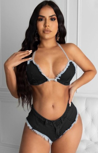 Black Fringe Denim Halter Bra and Shorts Two Piece Set