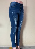 Dark Blue Distressed High Waist Bodycon Jeans