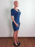 Blue Square Neck Bubble Sleeve Tight Short Denim Dress