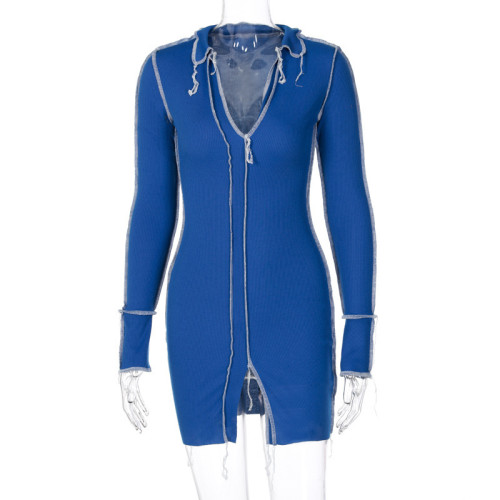 Contrast Binding Blue Long Sleeve Bodycon Dress