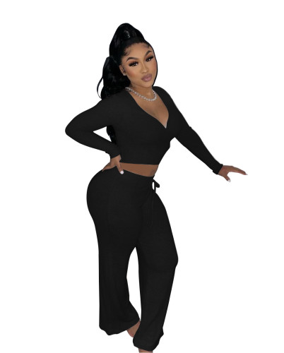 Black V Neck Crop Top and Flare Pants 2PCS Set