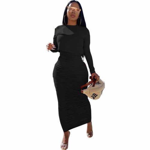 Black Full Sleeve Top and Long Ruched Skirt 2pcs Set