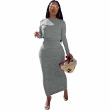 Gray Full Sleeve Top and Long Ruched Skirt 2pcs Set