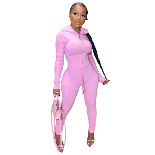 Pink Zipper Hooded Fitted Casual Tracksuit