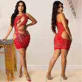 Red Sexy Rhinestone Mesh Cut Out Sleeveless Club Dress