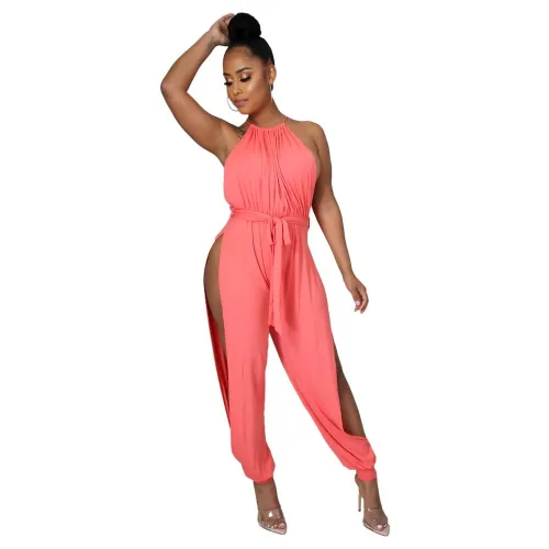 Pink Halter Sleeveless Sexy Slit Sides Tie Waist Jumpsuit