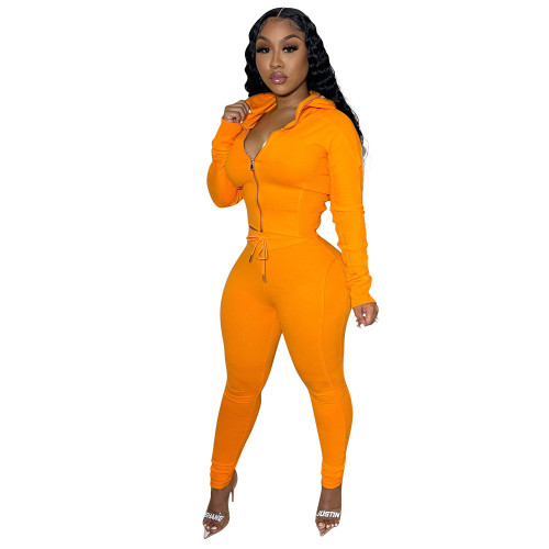 Orange Zipper Hooded Fitted Casual Tracksuit