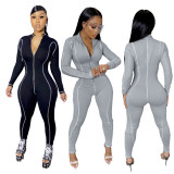 Long Sleeve Gray Sports Zip Up Jumpsuit with Contrast Piping
