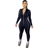 Long Sleeve Gray Sports Zip Up Jumpsuit with Contrast Piping