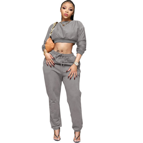 Gray Casual Long Sleeve Crop Top and Pants Two Pieces