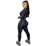 Long Sleeve Black Sports Zip Up Jumpsuit with Contrast Piping