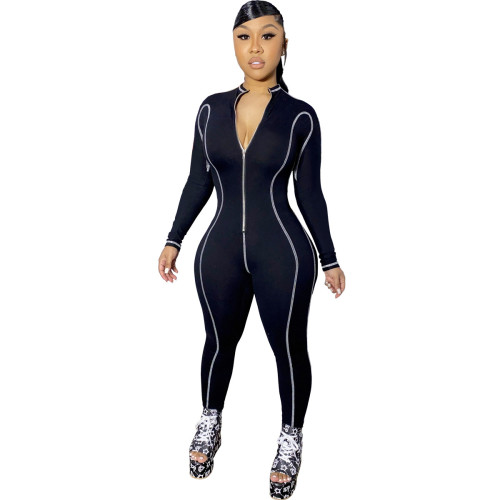 Long Sleeve Black Sports Zip Up Jumpsuit with Contrast Piping
