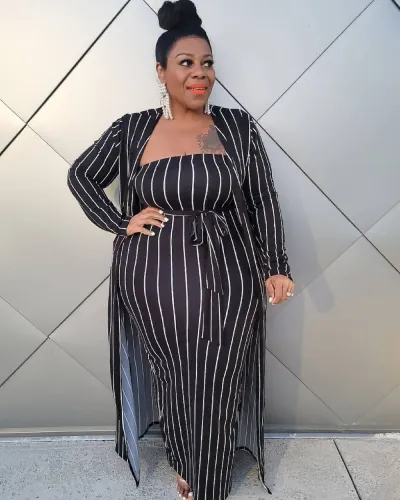 Plus Size Stripes Strapless Maxi Dress and Matching Long Cardigan 2 Pieces
