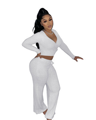 White V Neck Crop Top and Flare Pants 2PCS Set