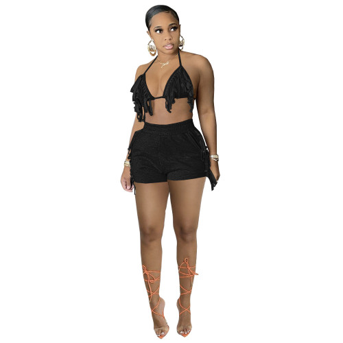 Black Sexy Bra Top and Tassel Shorts 2PCS Set