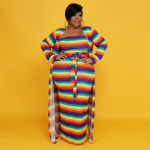 Plus Size Stripes Strapless Maxi Dress and Matching Long Cardigan 2 Pieces