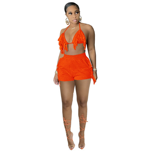 Orange Sexy Bra Top and Tassel Shorts 2PCS Set
