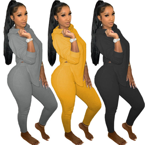 Black Slit Hooded Top and Pants Casual Two Piece Set