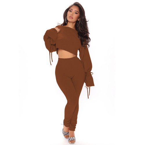 Brown Ribbed Tie Cuff Crop Top and High Waist Pants Two Pieces