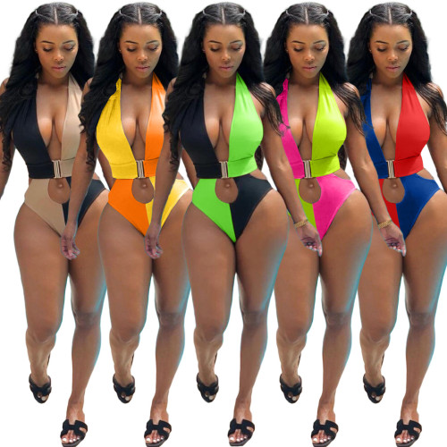 Sexy Color Block Halter Cut Out One Piece Swimsuit