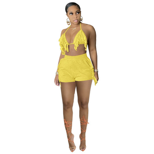 Yellow Sexy Bra Top and Tassel Shorts 2PCS Set