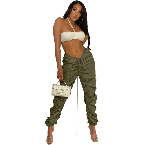 Army Green Ruched Drawstring Casual Pants