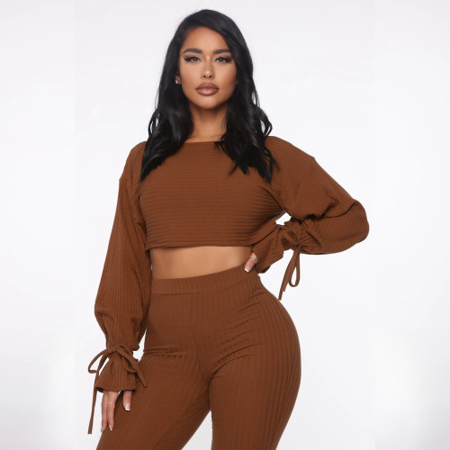 Brown Ribbed Tie Cuff Crop Top and High Waist Pants Two Pieces