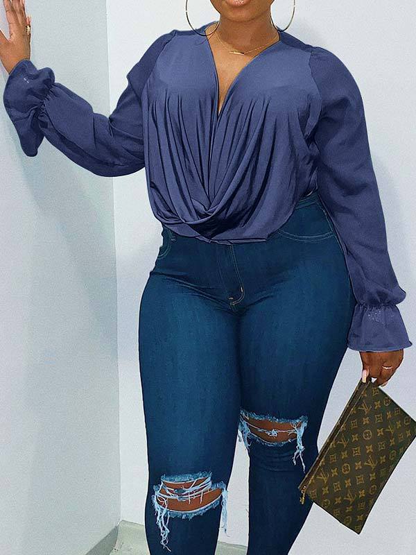 Blue Sexy Plus Size Cowl Neck Chiffon Tops