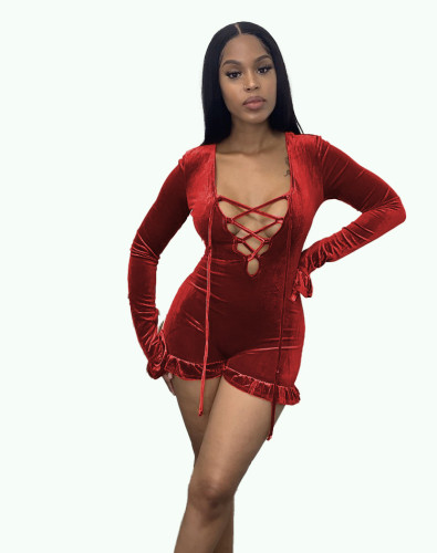 Velvet Long Sleeve Lace Up Ruffles Sexy Romper