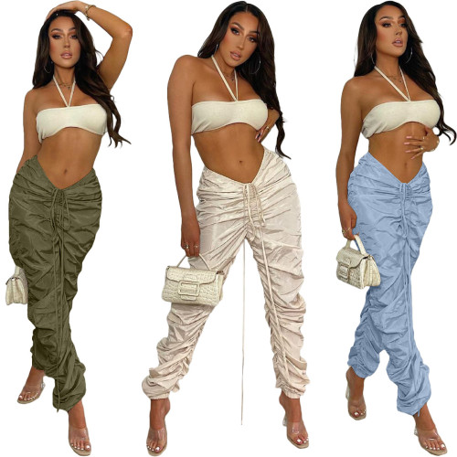 Sky Blue Ruched Drawstring Casual Pants