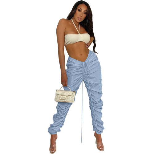 Sky Blue Ruched Drawstring Casual Pants